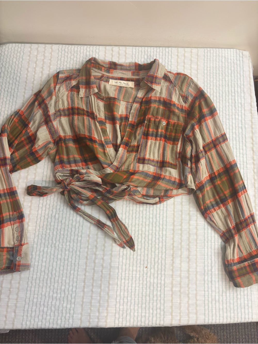 We The Free Plaid Tie-Front Crop Shirt in Olive, Orange & Cream